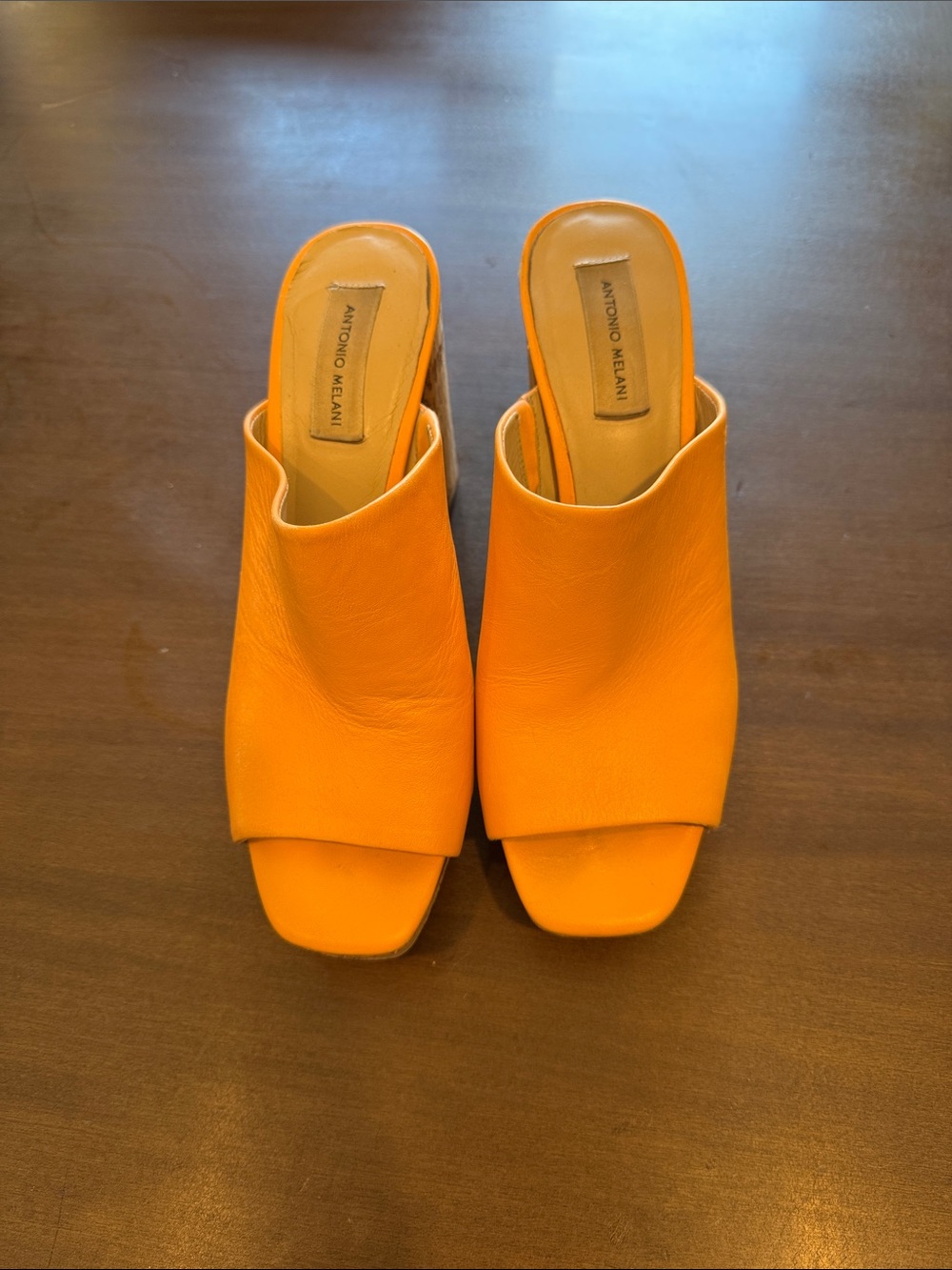 ANTONIO MELANI Vibrant Orange Leather Open-Toe Mules sz 10M
